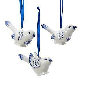 Set of 3 Porcelain Delft Blue Bird Ornaments