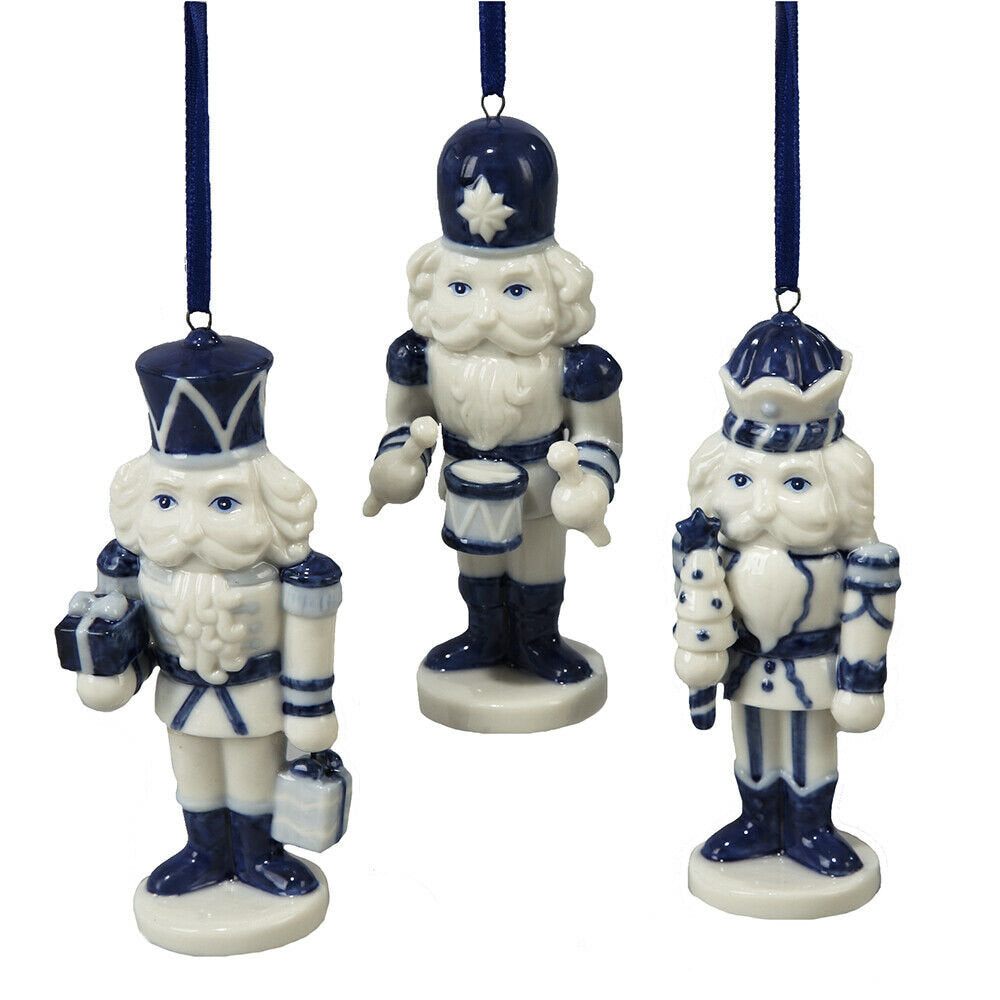 Set of 3 Porcelain Delft Blue Nutcracker Ornaments