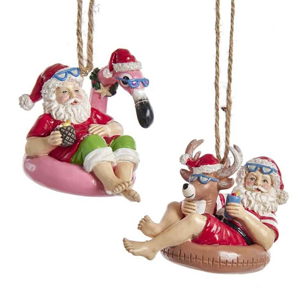 Set of 2 Beach Santa Sitting On Float Ornaments
