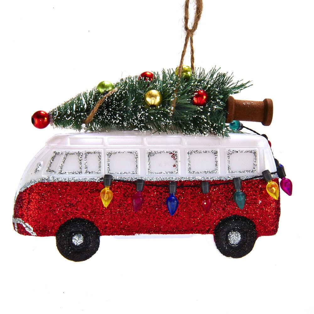 Van With Christmas Tree and Light Bulbs Ornament