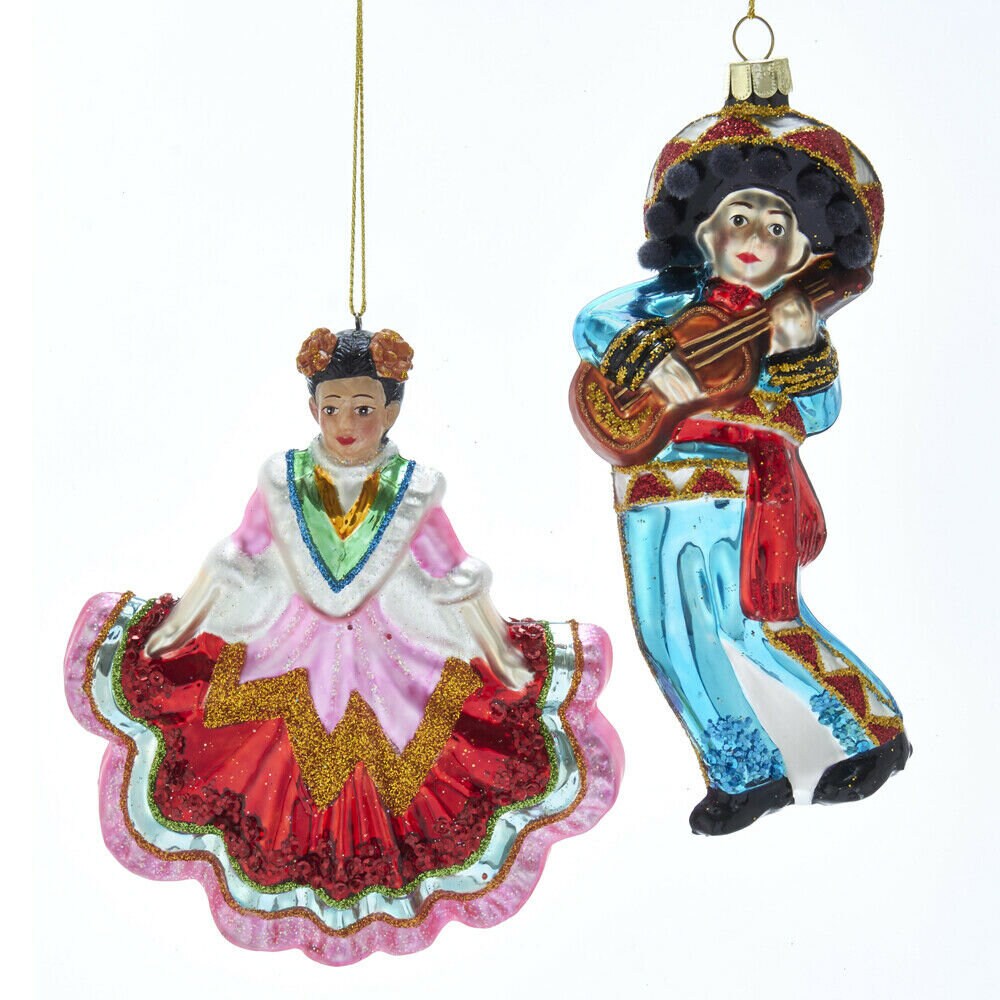 Set of 2 Noble Gems™ Glass Mariachi and Dancer Ornaments
