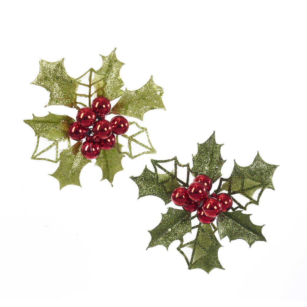 Set of 2 Glitter Holly Leaves With Berry Clip-On Ornaments H7504