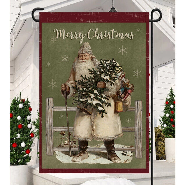 Flags Galore Merry Christmas Prim Santa on Green Garden Flag