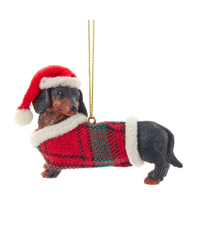 Black and Tan Daschund With Plaid Coat and Santa Hat Ornament  D4218BTDA
