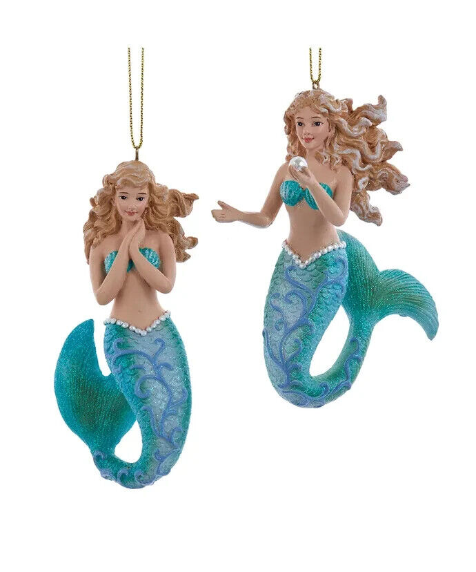 Set of 2 Blue and Green Scroll Patterned Mermaid Ornaments   E0852