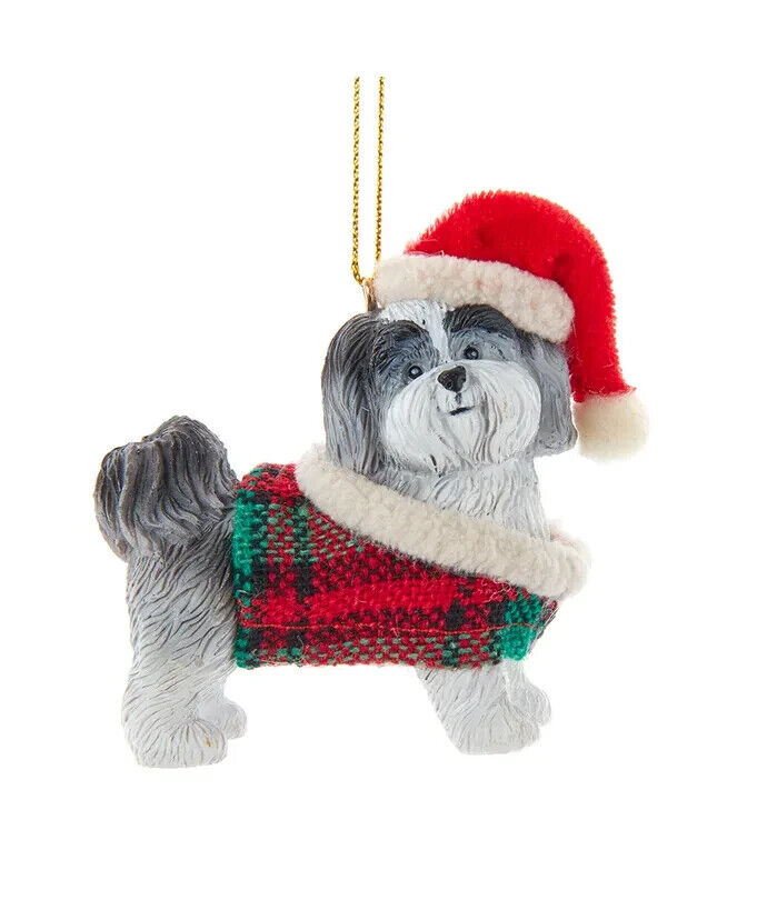 Grey Shih-Tzu With Plaid Coat and Santa Hat Ornament  D4218GSH