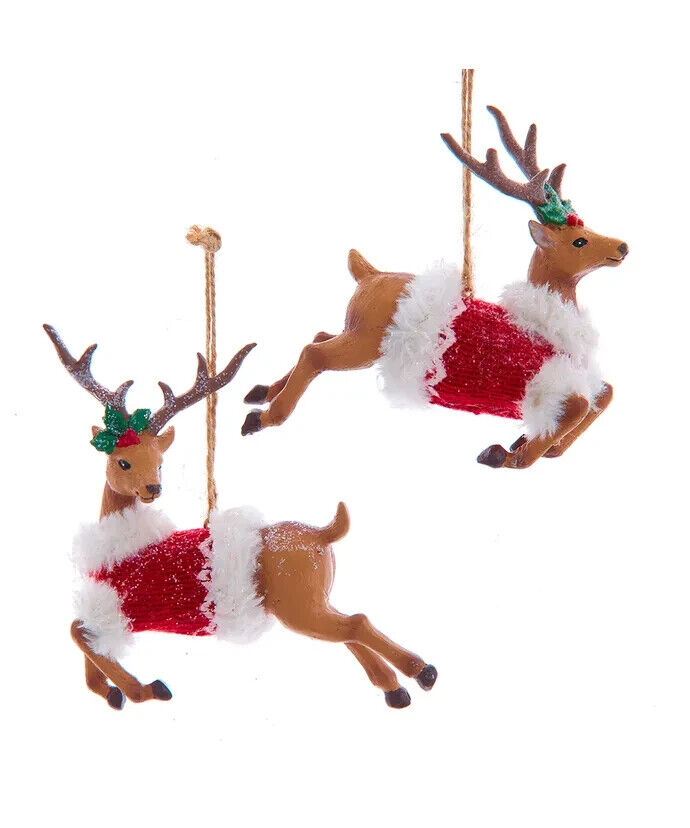 Set of 2 Deer With Red Knit Sweater Ornaments  D4263