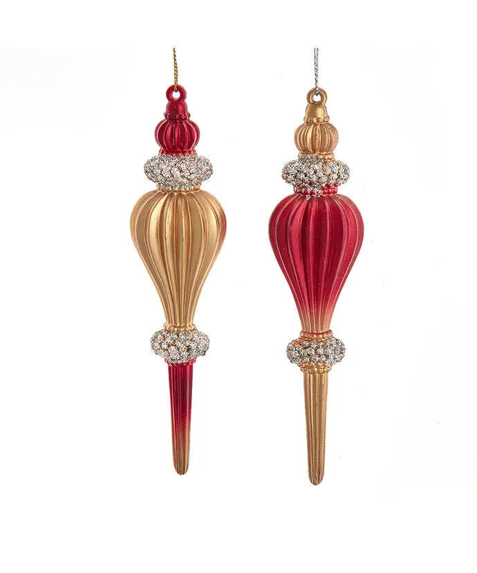 Set of 2 Red and Gold Spindle Finial Ornaments T3444