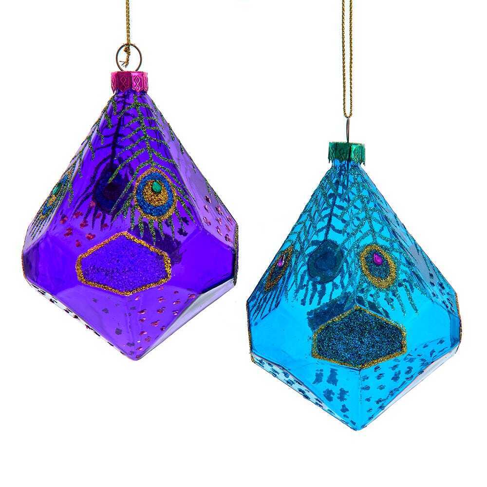 Set of 2 Glass Purple & Teal Peacock Geometric Shaped Ornaments  T3489