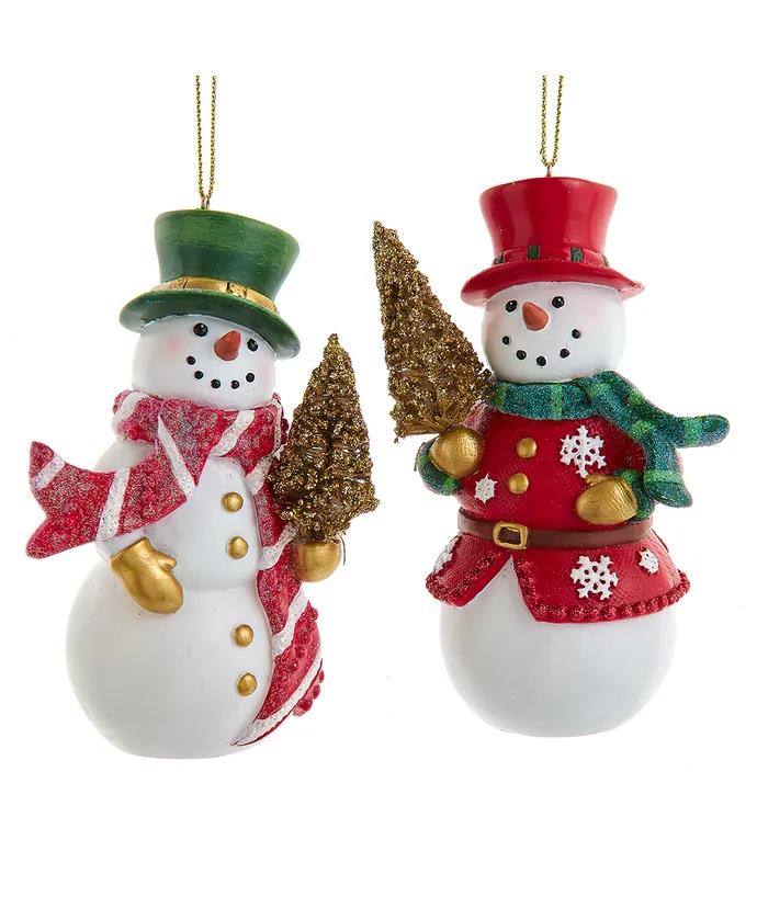 Set of 2 Snowman With Gold Tree Ornaments E0977
