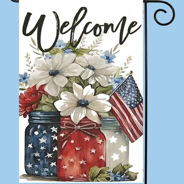 Flags Galore Welcome Patriotic Rwb Jars & Flowers Garden Flag