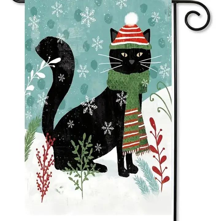 Flags Galore Black Cat in Snow with Green Scarf Red Hat Garden Flag