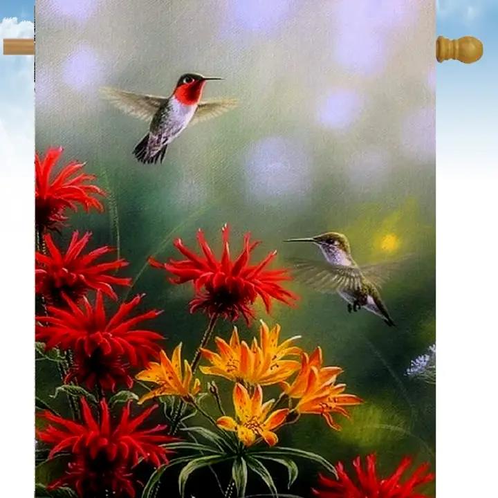 Flags Galore Hummingbirds On Bee Balm Flowers House Flag