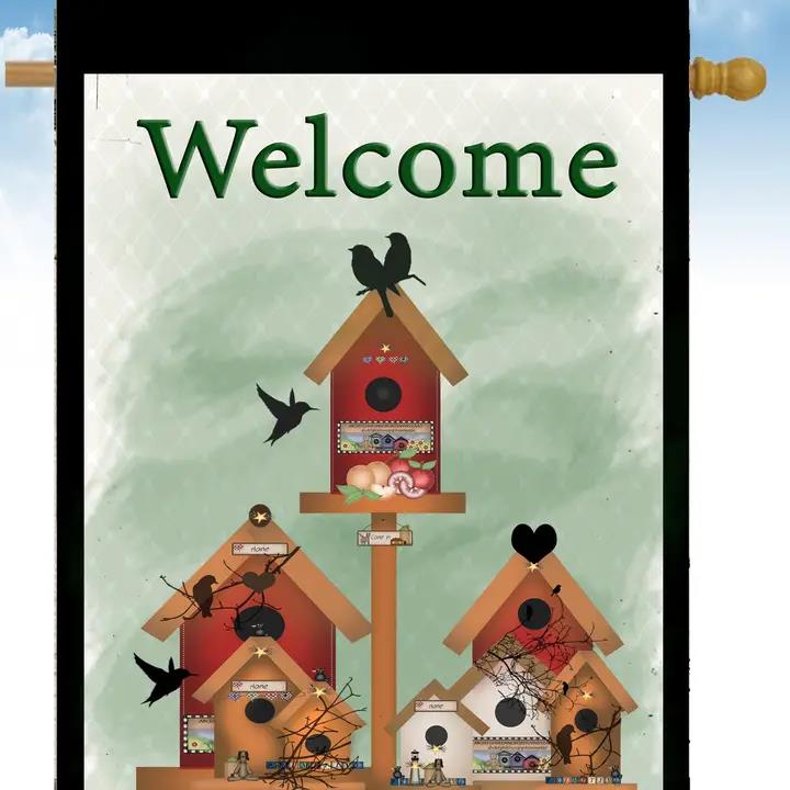 Flags Galore Welcome Three Bird Houses House Flag