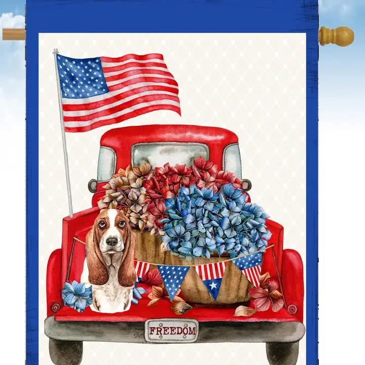 Flags Galore Basset Hound in Red Truck with Flag House Flag