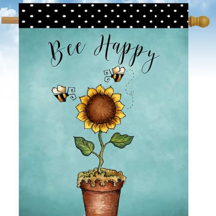 Flags Galore Bee Happy Single Sunflower in Pot House Flag
