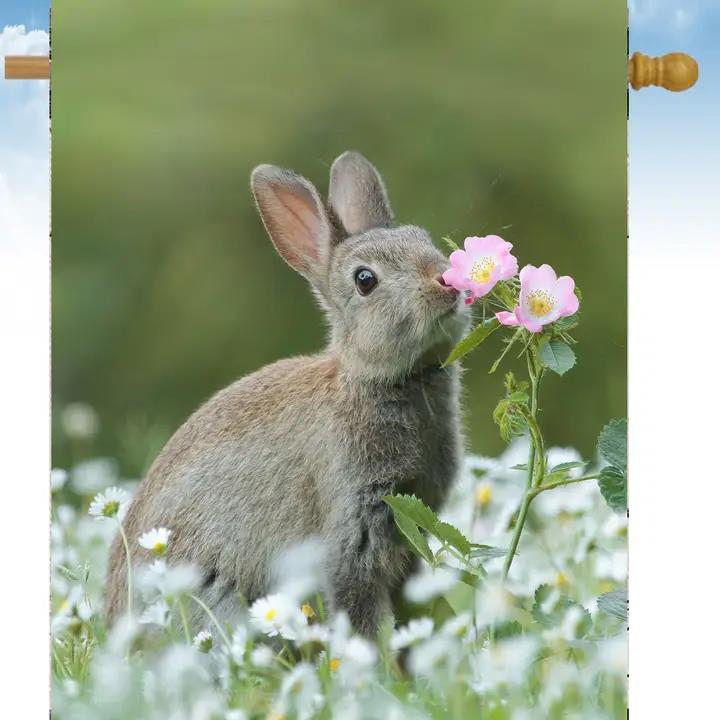 Flags Galore Single Rabbit with Flower House Flag