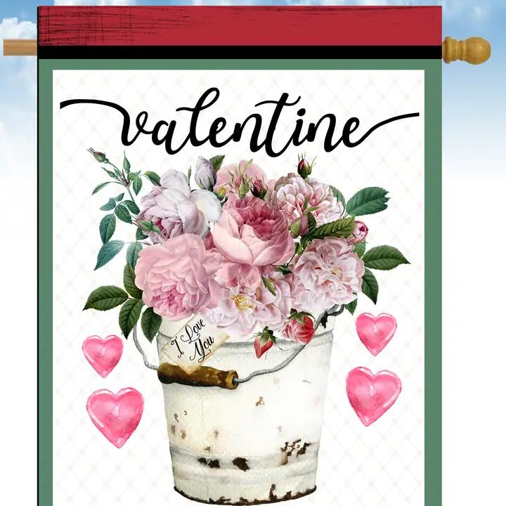 Flags Galore Valentine Peonies Hearts Bucket House Flag