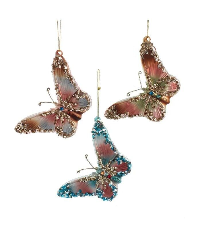 Set of 3 Glass Teal, Desert Rose & Butterfly Ornaments F2335