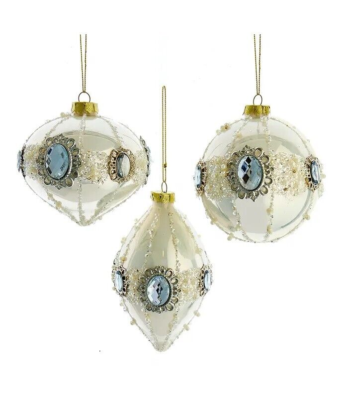 Set of 3 Glass Pearl White Ball, Drop & Onion Ornaments F2277
