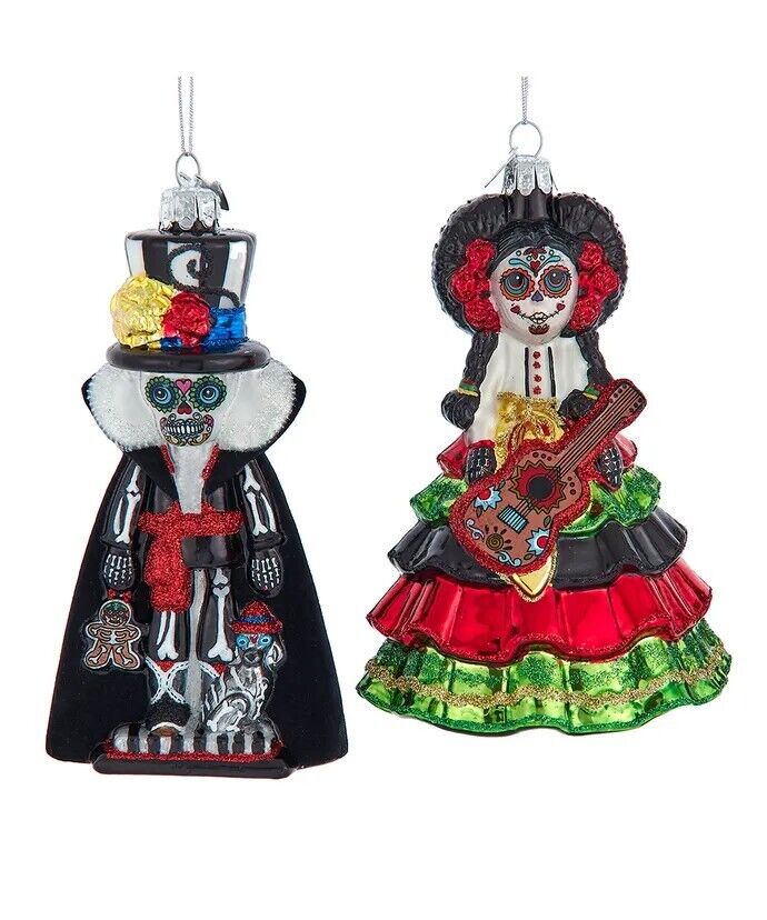 Set of 2 Noble Gems™ Glass Day Of The Dead Girl & Boy Ornaments NB1805