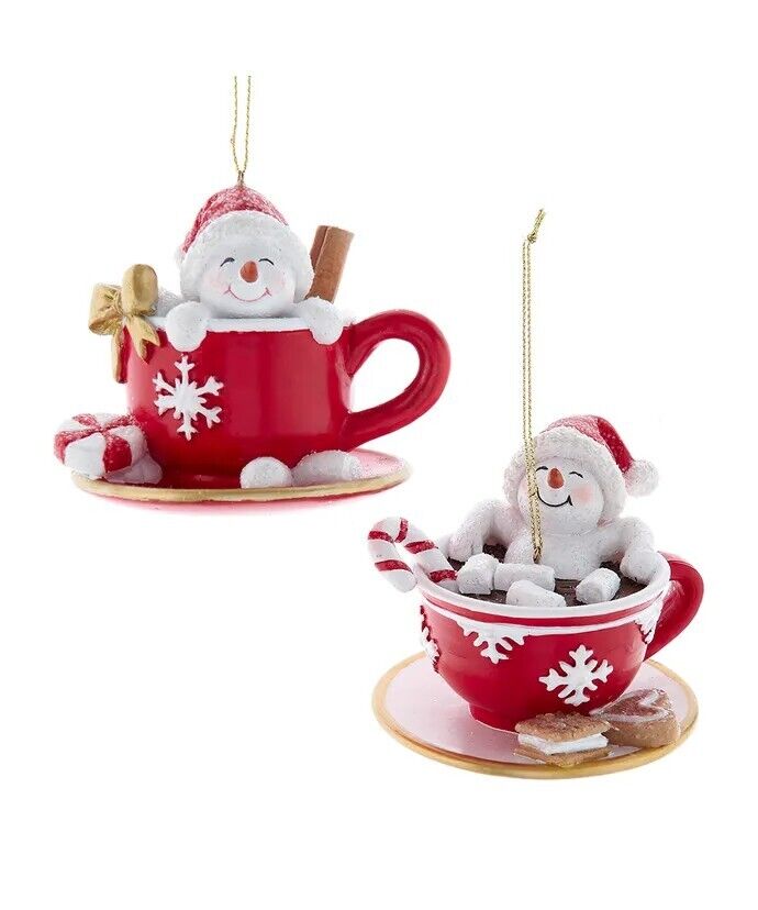Set of 2 Snowman In Teacup Ornaments E0935