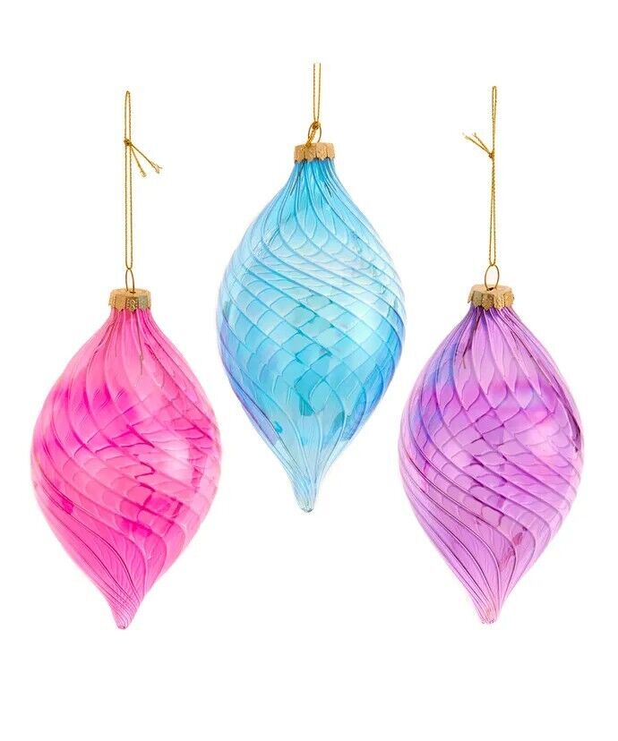 Set of 3 Glass Translucent Hot Pink, Blue & Purple Drop Ornaments F2348