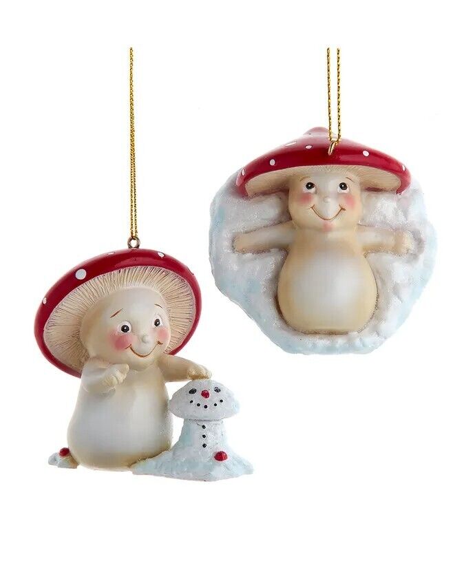 Set of 2 Merry Little Mushroom Having Fun In Snow Ornaments MLM0011