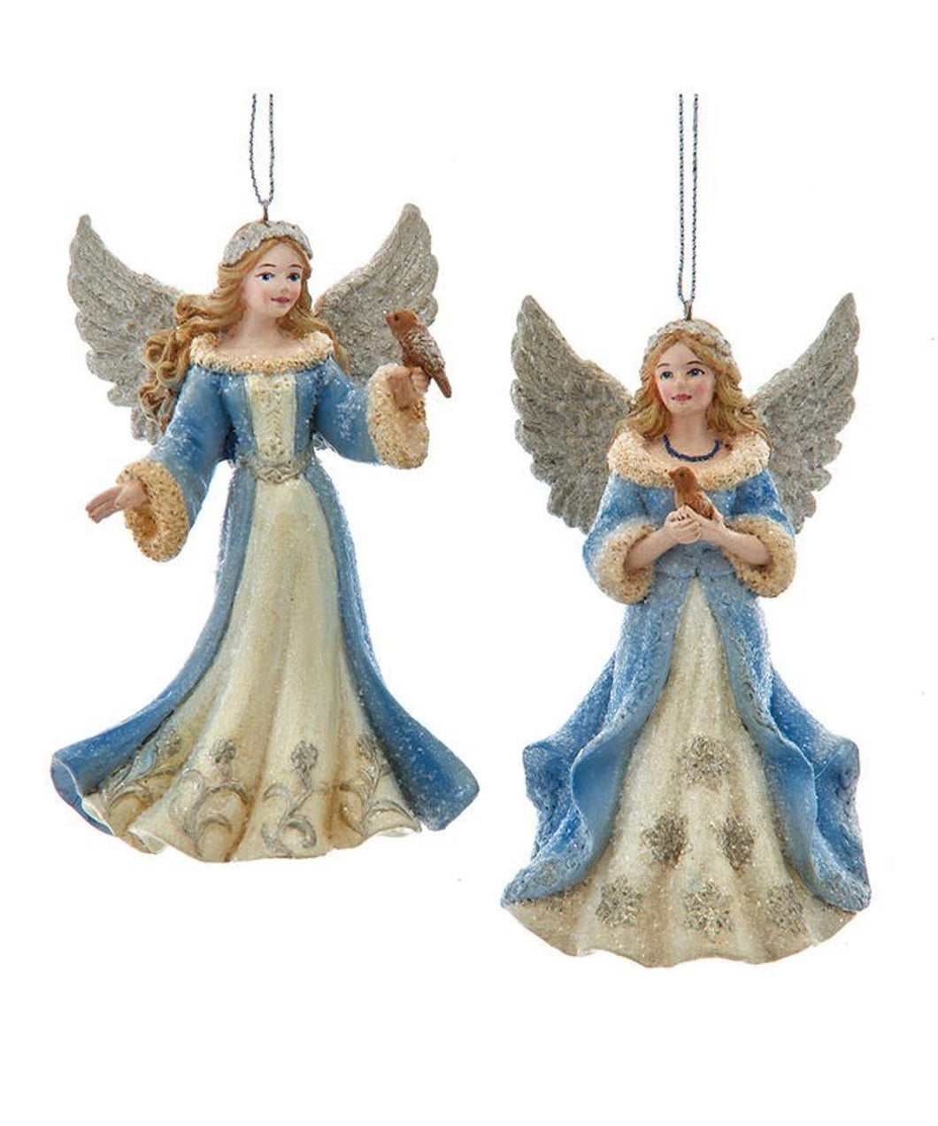 Set of 2 Blue Platinum Angel With Bird Ornaments E1031