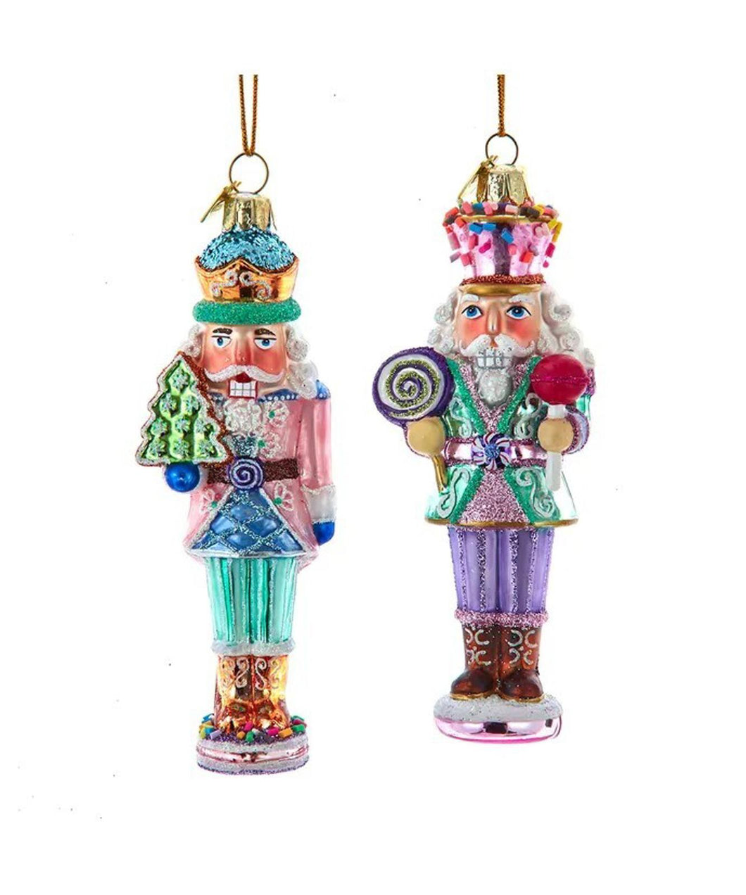 Set of 2 Noble Gems™ Glass Nutcracker With Cookie & Lollipop Ornaments NB1800