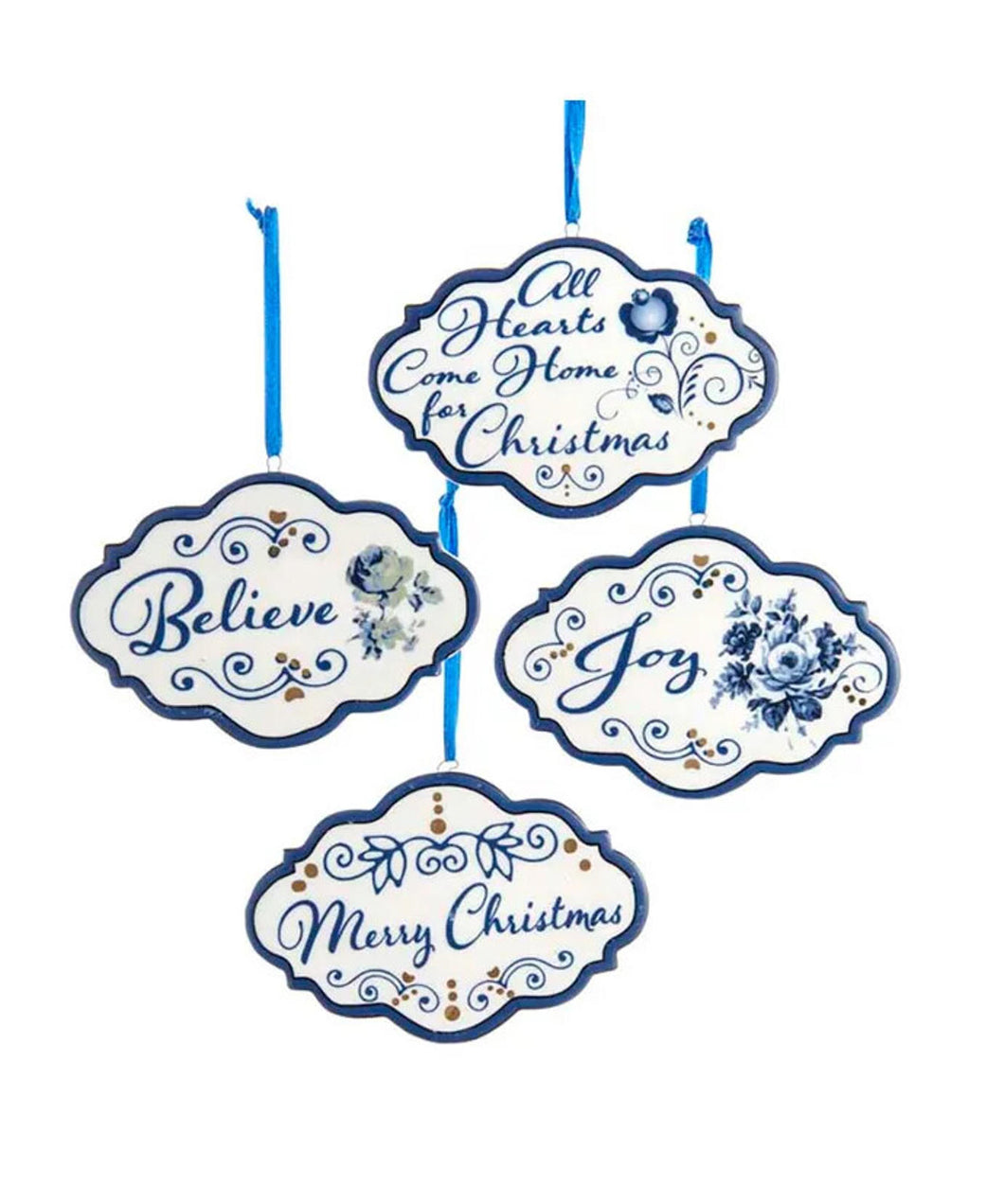 Set of 4 Blue and White Word Ornaments  J7463