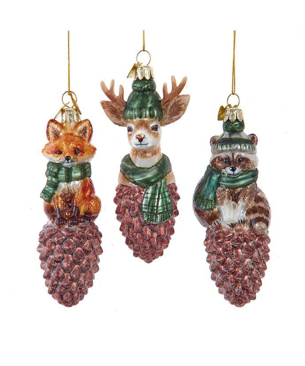 Set of 3 Noble Gems™ Glass Animals With Scarf On Pinecone Ornaments NB1879