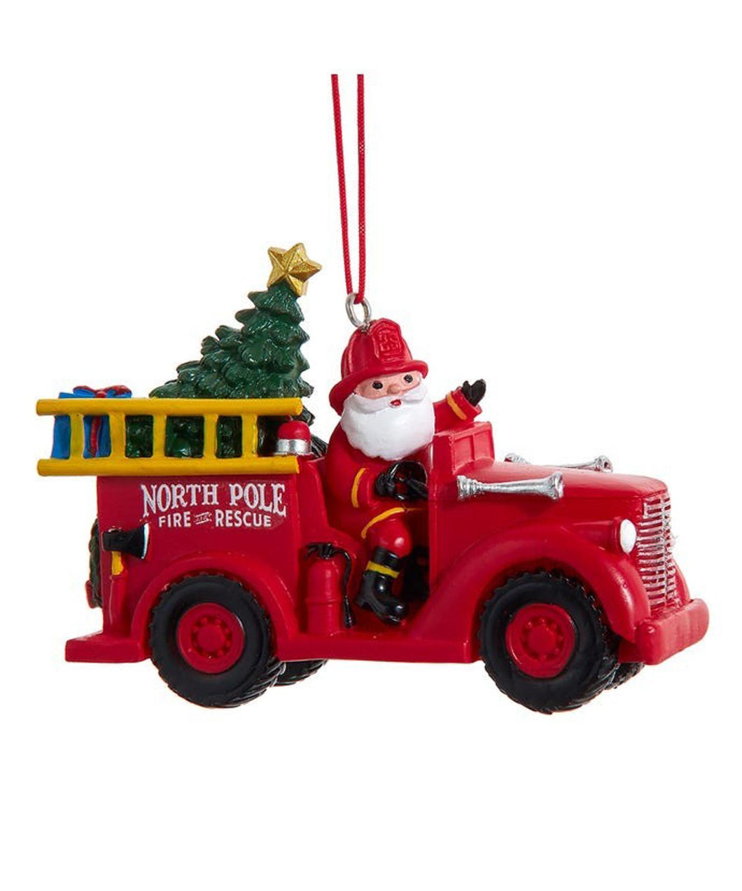 Santa In Firetruck Ornament J8876