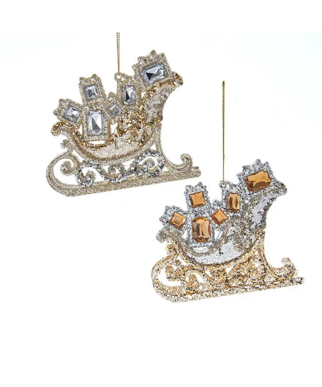 Set of 2 Light Gold and Silver Embellished Sled Ornaments T3172