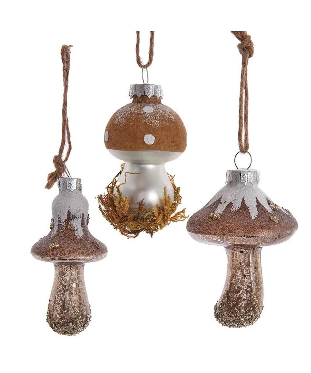 Set of 3 Glass Rustic Mushroom Ornaments F2253