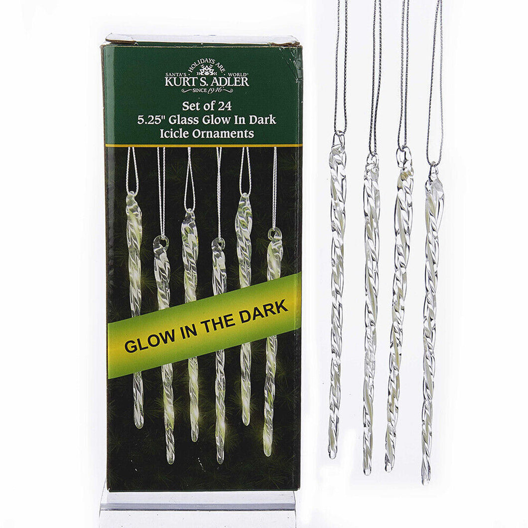 Glow In The Dark Glass Icicle Ornaments, 24-Piece Box Set  A1184
