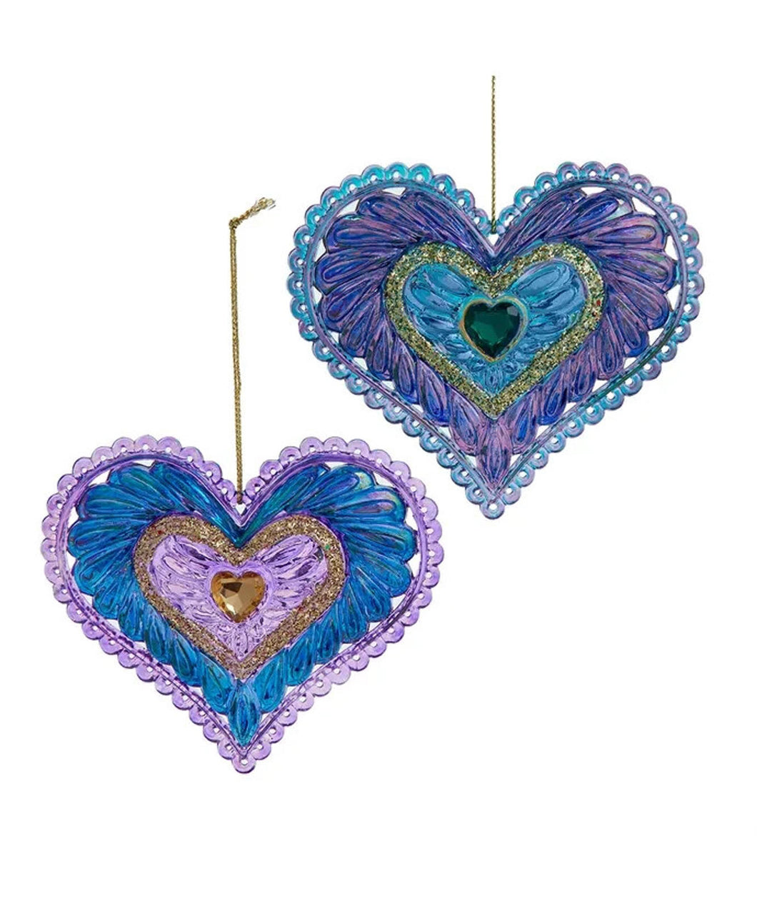 Set of 2 Glazed Iridescent Purple & Teal Peacock Colored Heart Ornaments  T3463
