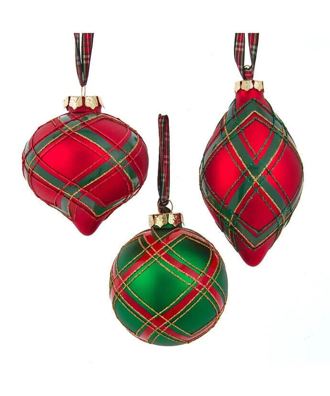 Set of 3 70-80MM Glass Red & Green Plaid Ball, Onion & Finial Ornament T3348