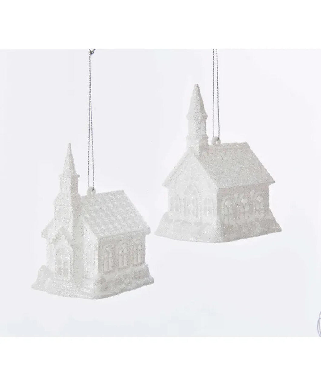 Set of 2 White Glitter Church Lighted LED Ornaments T2166