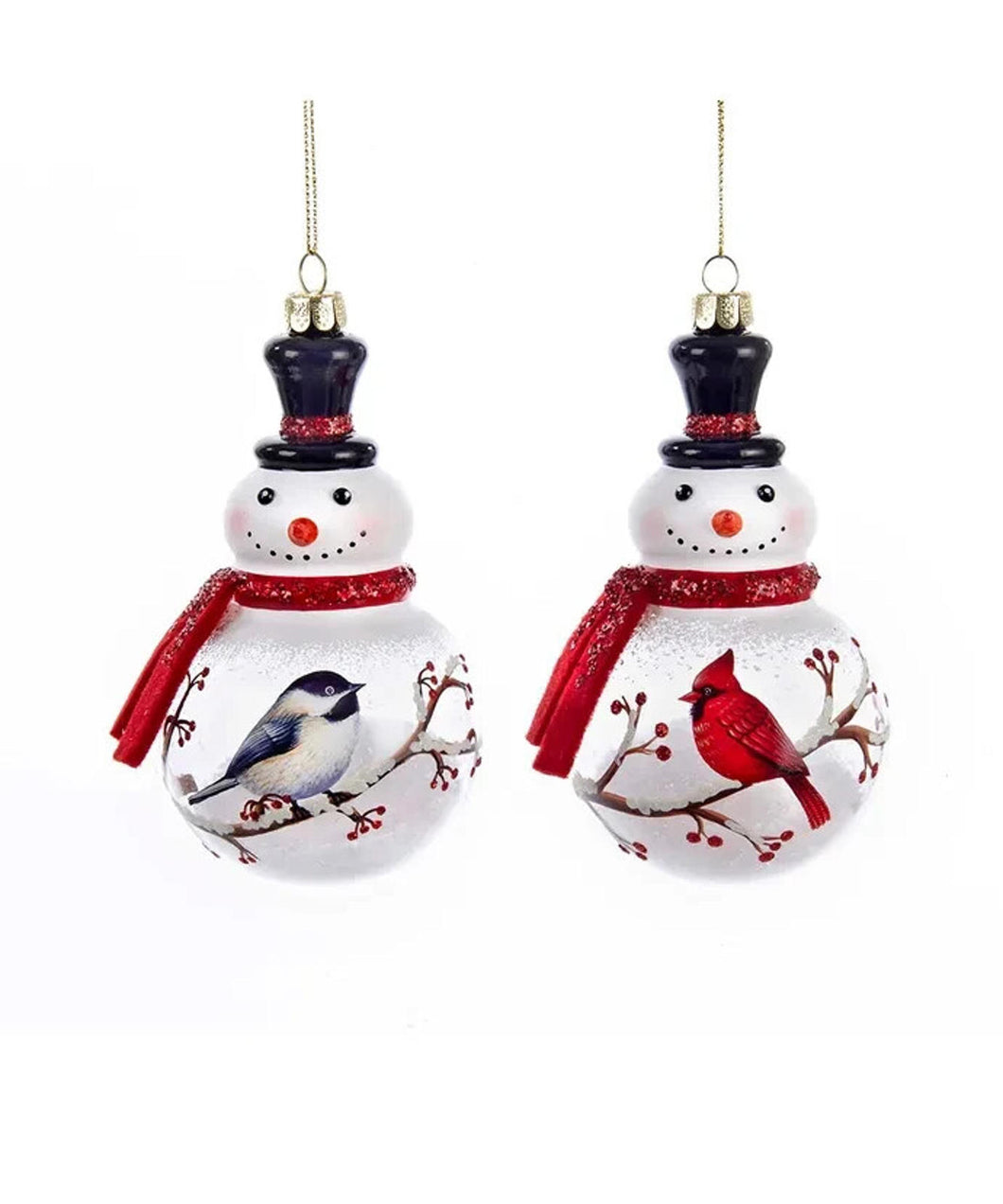 Set of 2 Glass Snowman With Cardinal and Chickadee Ornaments C6315