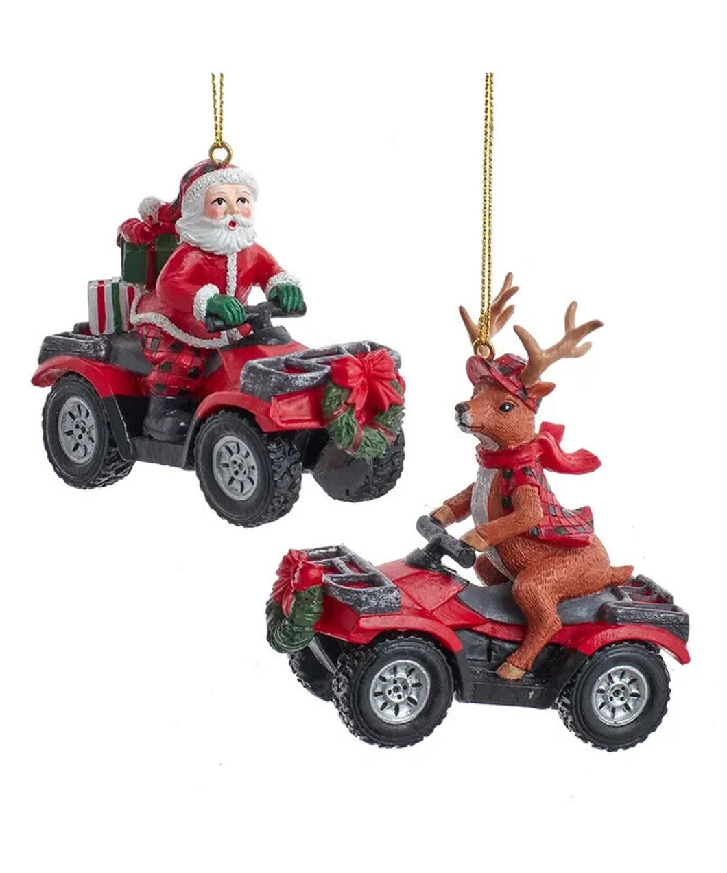 Set of 2 Lodge Santa & Reindeer on ATV Ornaments D4247