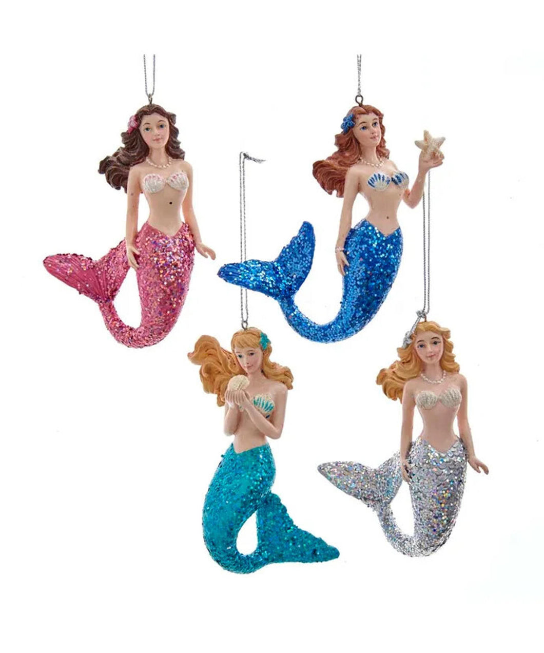 Set of 4 Mermaid With Glittered Tail Ornaments   E0486