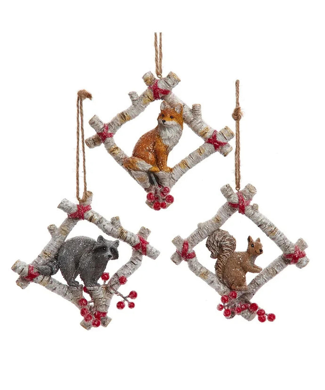 Set of 3 Birch Berries Woodland Animal In Birch Bark Frame Ornaments  E0807