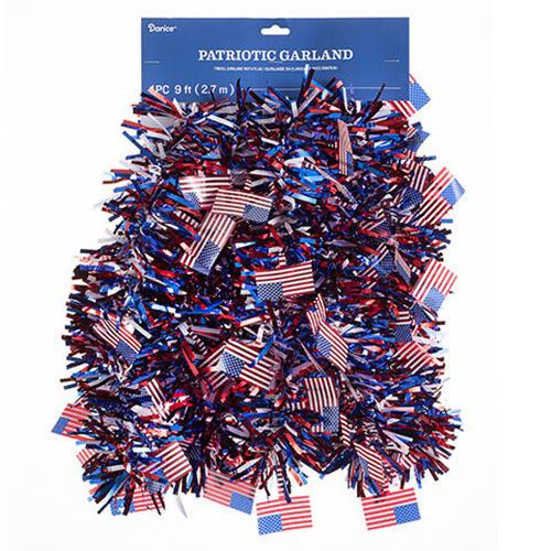 Darice Patriotic Tri-Color Tinsel Garlandith Flag Accents: 9 feet