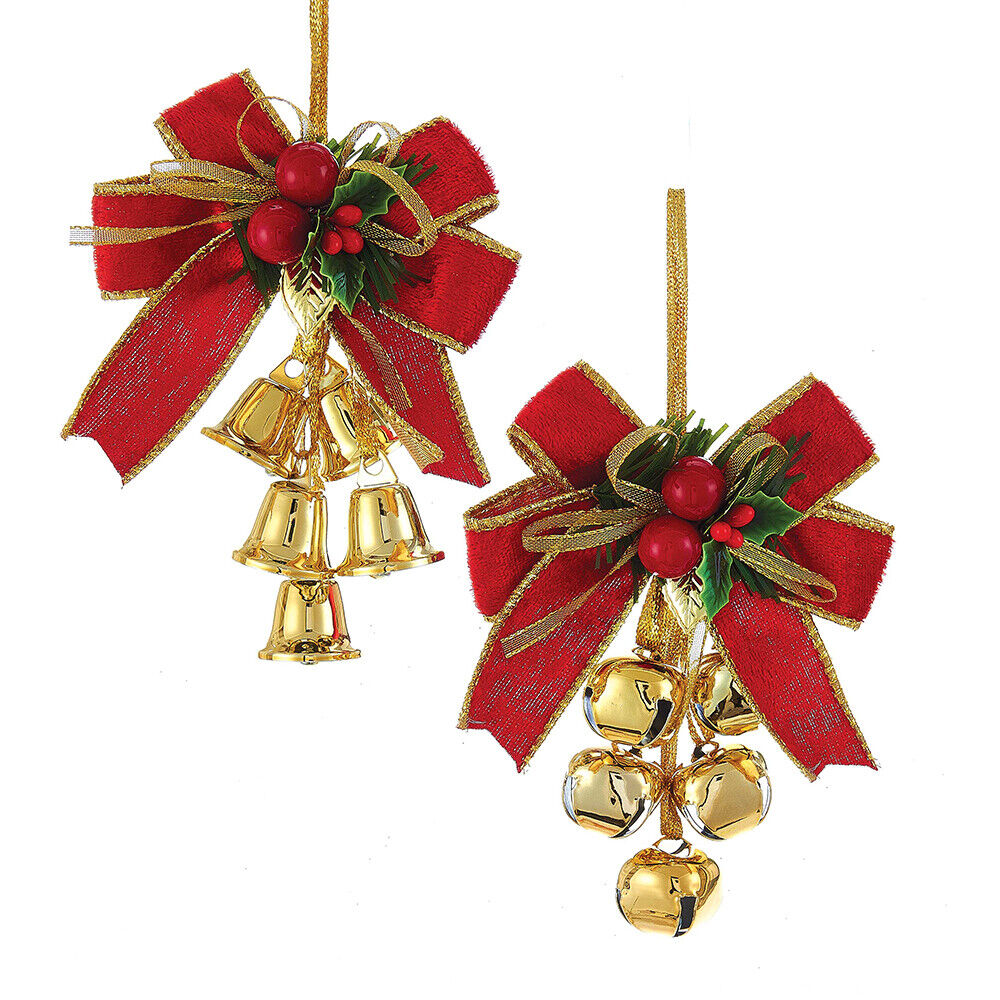 Set of 2 Red and Gold Bow With Bells Ornaments  J5041