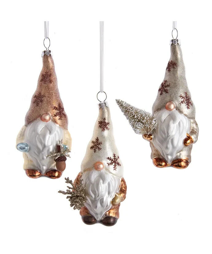 Set of 3 Glass Rustic Glam Gnome Ornaments T3425