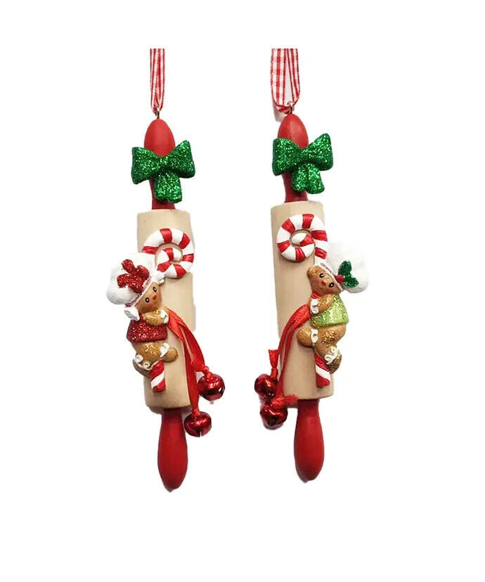 Set of 2 Gingerbread Boy & Girl On Rolling Pin Ornaments H5682