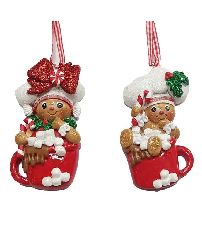 Set of 2 Gingerbread Boy & Girl In Mug Ornaments H5680
