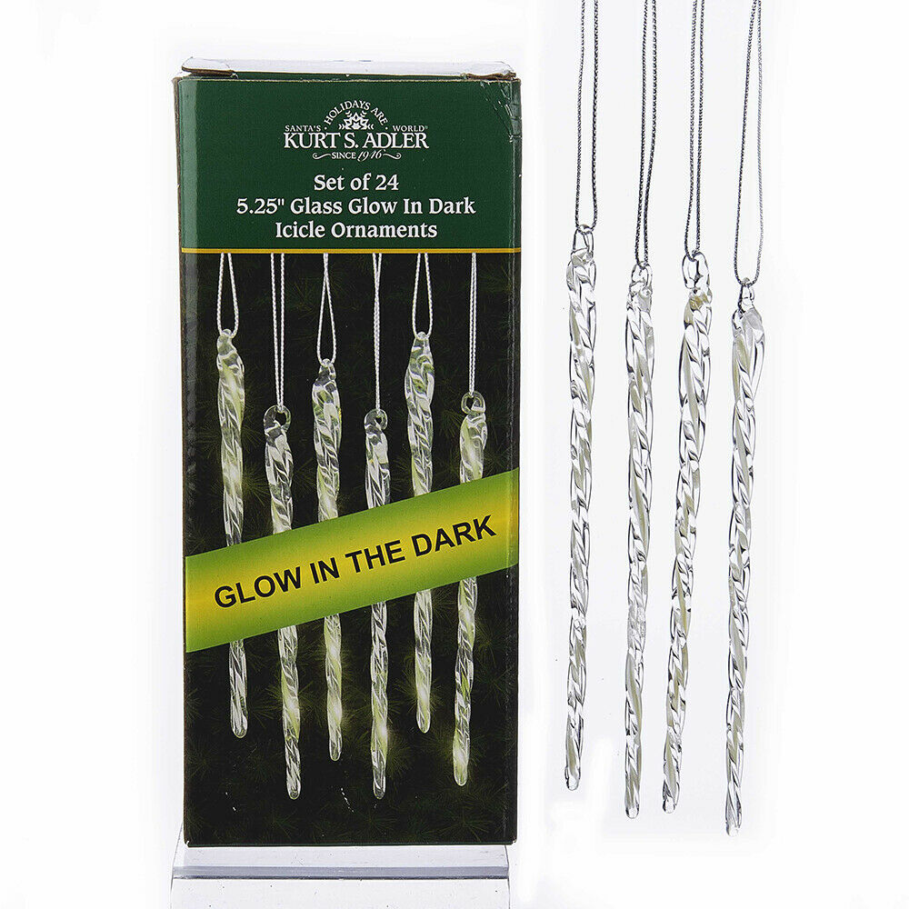 Glow In The Dark Glass Icicle Ornaments, 24-Piece Box Set