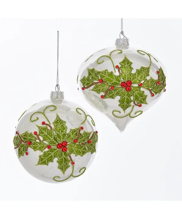 Set of 2 White With Holly Leaves and Red Jewels Design Glass Ornaments  C4786
